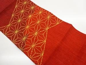 手織り紬麻の葉模様織出し名古屋帯
